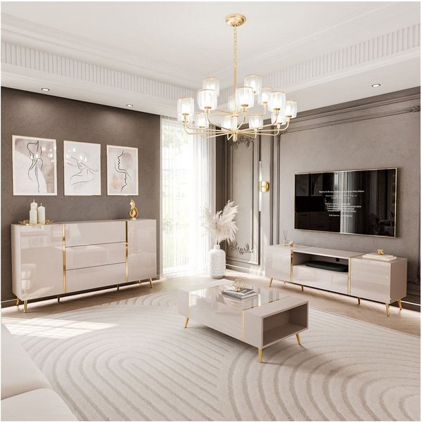 ALLHOUSE24 Wohnzimmer-Set DIAMANT Kaschmir Hochglanz GOLD Metallfüßen Wohnzimmer Möbel SET, Das Set besteht aus: Kommode, TV Schrank, Couchtisch