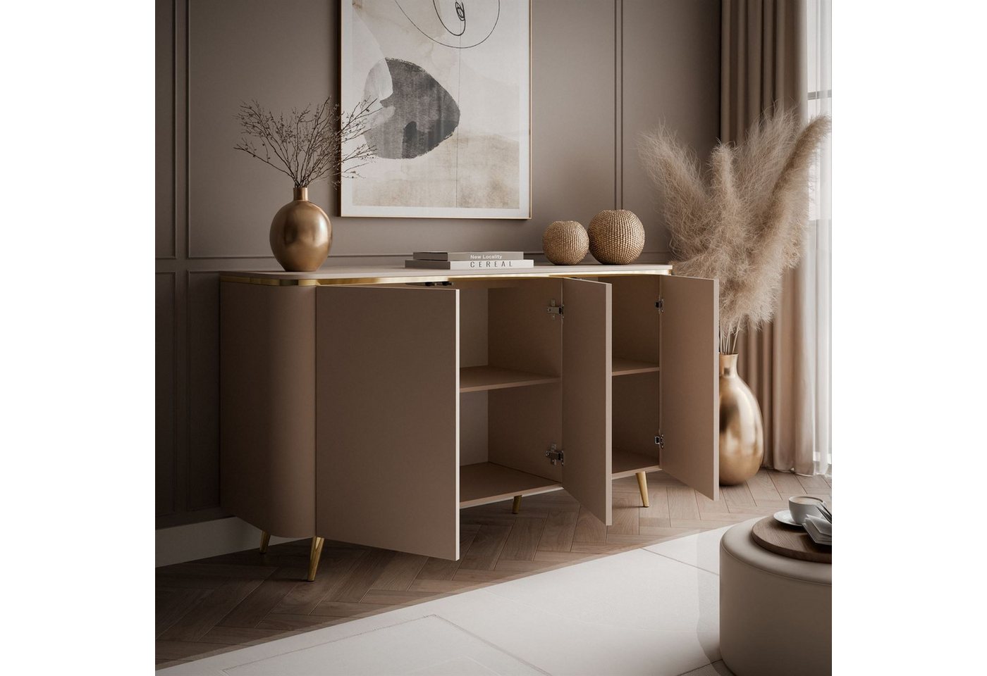 ALLHOUSE24 Wohnzimmer-Set LINE II, 2-tlg., Kommode & TV-Lowboard, Kaschmir, goldene Metallfüße, (2-St., Das Set besteht aus: Kommode, TV Schrank), Breite: Kommo – Bild 3 von 5