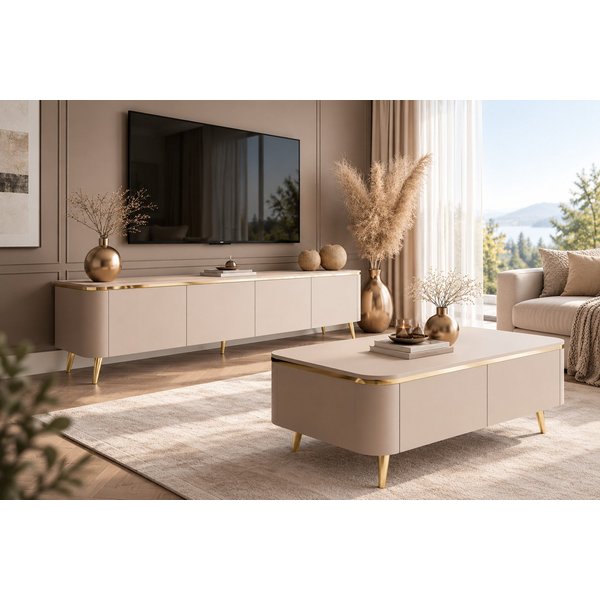 ALLHOUSE24 Wohnzimmer-Set LINE - TV-Schrank, Couchtisch, Kaschmir matt / Gold Metallfüßen, (2-St., Das Set besteht aus: TV Schrank, Couchtisch), Breite: TV Schr