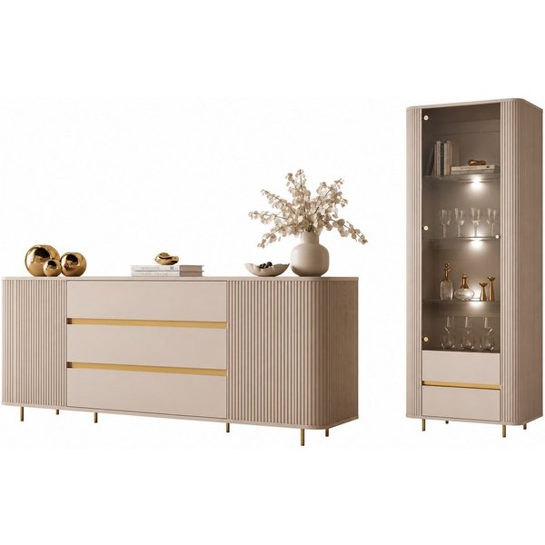 ALLHOUSE24 Wohnzimmer-Set MIRACLE II GOLD, Kommode, Vitrine, Sandbeige, LED, PUSH TO OPEN, (2-St., Das Set besteht aus: Kommode, Vitrine), Breite: Vitrine: 76 c