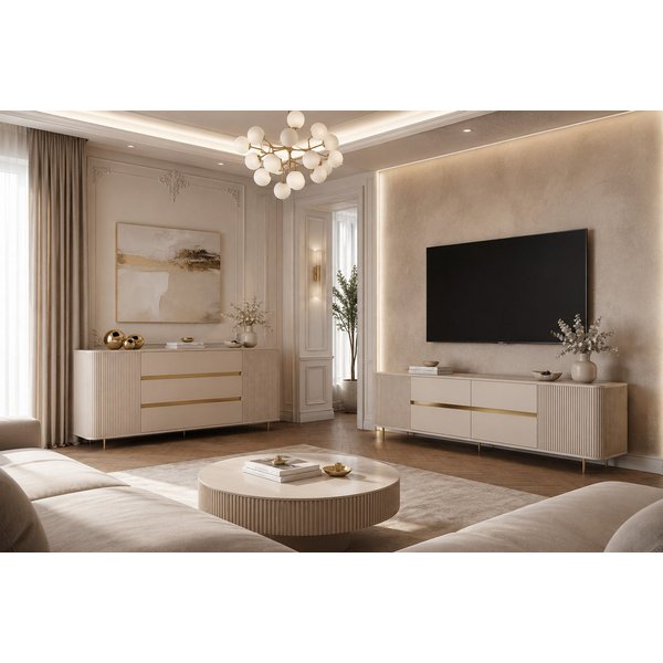 ALLHOUSE24 Wohnzimmer-Set MIRACLE III Sandbeige, gold, TV Schrank, Kommode, Rillenfronten, (2-St., Das Set besteht aus: Kommode, TV Schrank), Breite: Kommode: 1