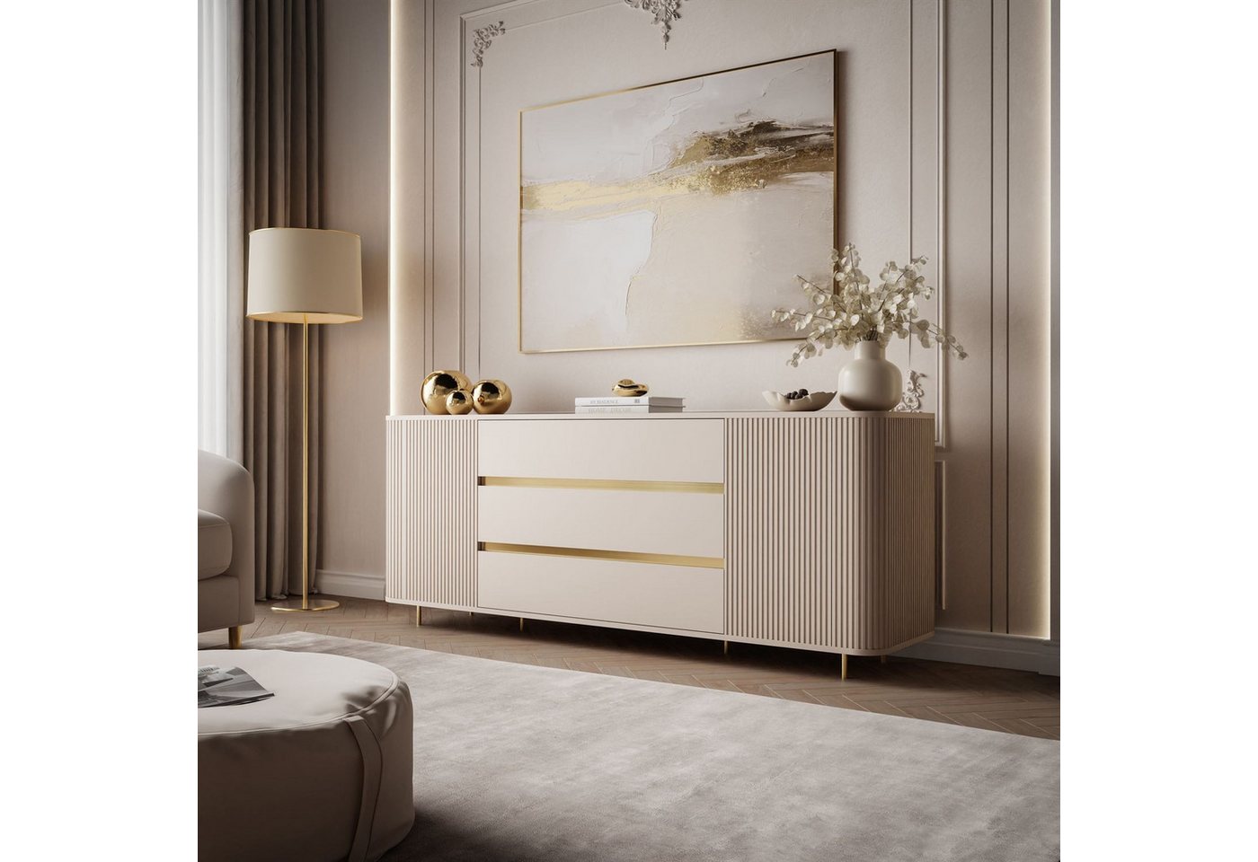 ALLHOUSE24 Wohnzimmer-Set MIRACLE III Sandbeige, gold, TV Schrank, Kommode, Rillenfronten, (2-St., Das Set besteht aus: Kommode, TV Schrank), Breite: Kommode: 1 – Bild 2 von 5