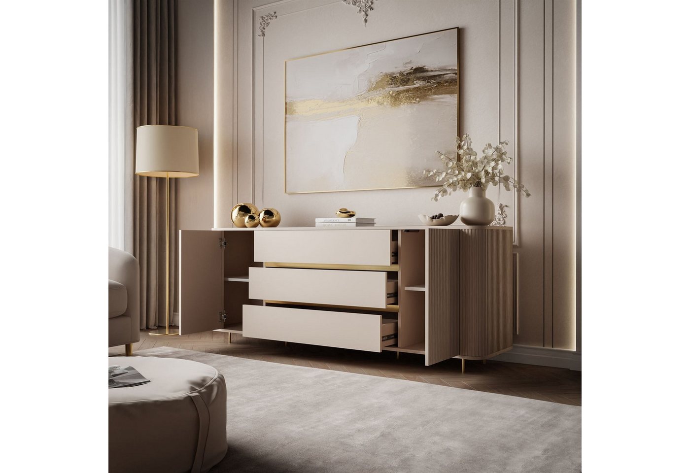 ALLHOUSE24 Wohnzimmer-Set MIRACLE III Sandbeige, gold, TV Schrank, Kommode, Rillenfronten, (2-St., Das Set besteht aus: Kommode, TV Schrank), Breite: Kommode: 1 – Bild 3 von 5
