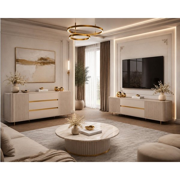 ALLHOUSE24 Wohnzimmer-Set MIRACLE V - Kommode & TV-Lowboard 180 Sandbeige mit goldenen Akzenten, (2-St., Das Set besteht aus: Kommode, TV Schrank), Breite: Komm