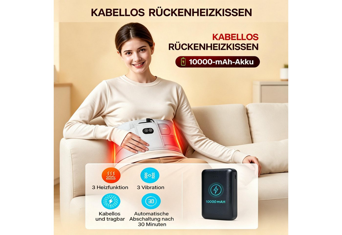 ALLJOY Massagegerät Rücken massagegeräte mit Wärmefunktion, 10000mAh,Kabellos Wärmegürtel, Lindert Rücken-und Lendenschmerzen,Muskelverspannungen,Regelschmerzen – Bild 2 von 5