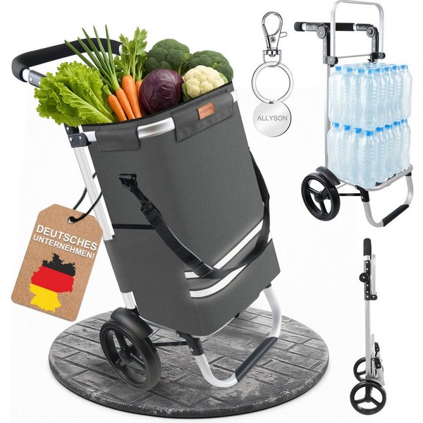 Allyson Einkaufstrolley Einkaufswagen klappbar, Einkauftrolley mit Leisen Rädern & Kühlfach, 2-in-1 Funktion: Tasche abnehmbar, Gestell als Sackkarre nutzbar.