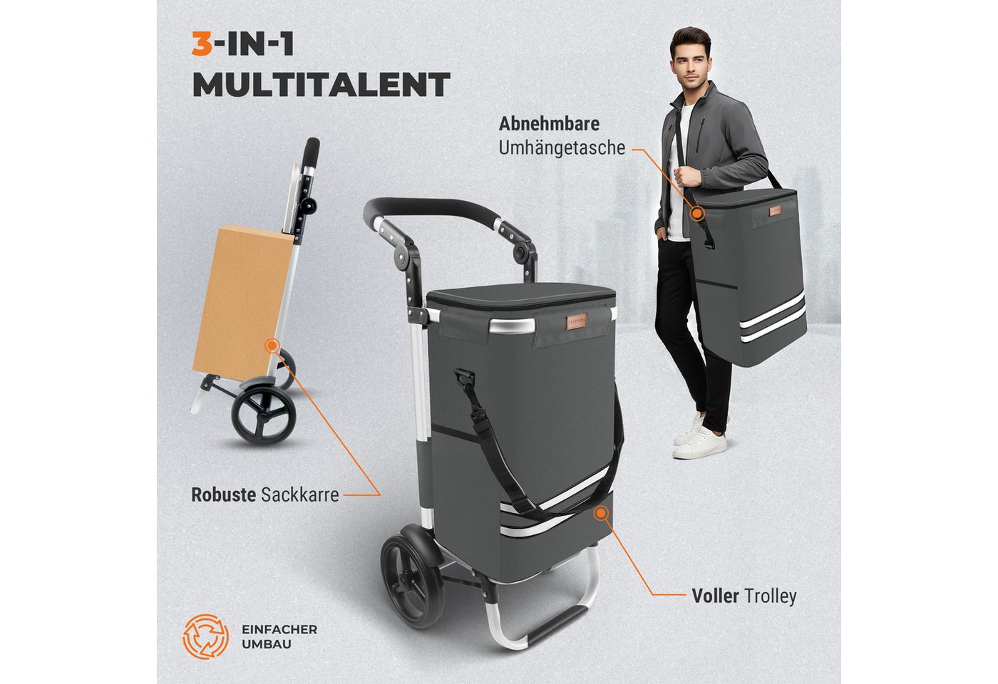 Allyson Einkaufstrolley Einkaufswagen klappbar, Einkauftrolley mit Leisen Rädern & Kühlfach, 2-in-1 Funktion: Tasche abnehmbar, Gestell als Sackkarre nutzbar. – Bild 2 von 5