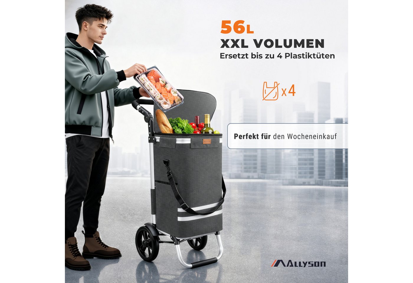 Allyson Einkaufstrolley Einkaufswagen klappbar, Einkauftrolley mit Leisen Rädern & Kühlfach, 2-in-1 Funktion: Tasche abnehmbar, Gestell als Sackkarre nutzbar. – Bild 3 von 5
