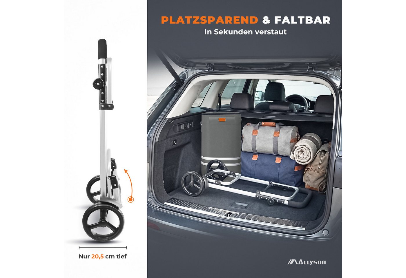Allyson Einkaufstrolley Einkaufswagen klappbar, Einkauftrolley mit Leisen Rädern & Kühlfach, 2-in-1 Funktion: Tasche abnehmbar, Gestell als Sackkarre nutzbar. – Bild 5 von 5