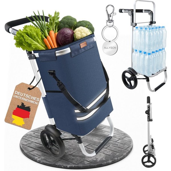 Allyson Einkaufstrolley Einkaufswagen klappbar, Einkauftrolley mit Leisen Rädern & Kühlfach, 2-in-1 Funktion: Tasche abnehmbar, Gestell als Sackkarre nutzbar.