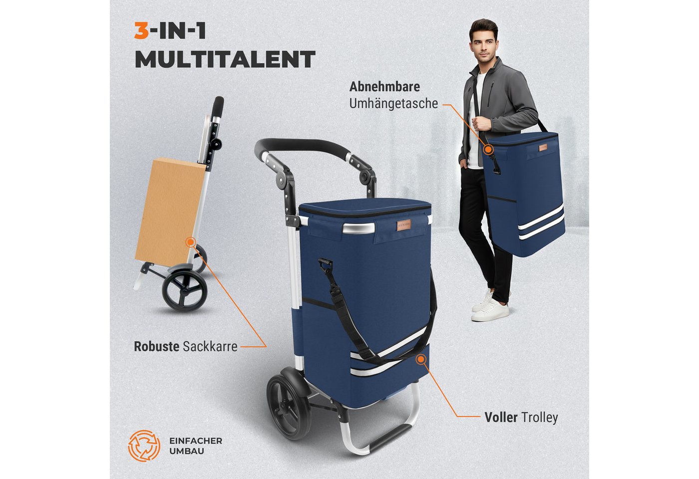 Allyson Einkaufstrolley Einkaufswagen klappbar, Einkauftrolley mit Leisen Rädern & Kühlfach, 2-in-1 Funktion: Tasche abnehmbar, Gestell als Sackkarre nutzbar. – Bild 2 von 5