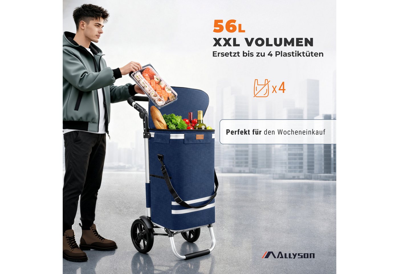 Allyson Einkaufstrolley Einkaufswagen klappbar, Einkauftrolley mit Leisen Rädern & Kühlfach, 2-in-1 Funktion: Tasche abnehmbar, Gestell als Sackkarre nutzbar. – Bild 3 von 5