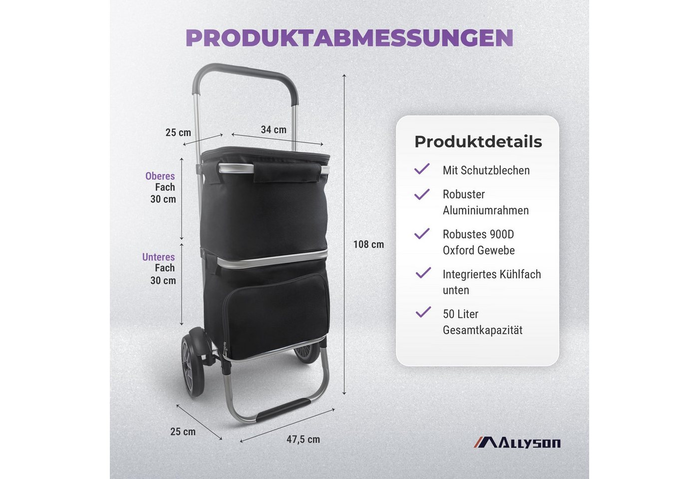 Allyson Einkaufstrolley Einkaufswagen klappbar, Einkauftrolley mit Leisen Rädern & Kühlfach, 900D Oxford & Doppel-Tasche klappbar & Leise Rollen – Bild 2 von 5