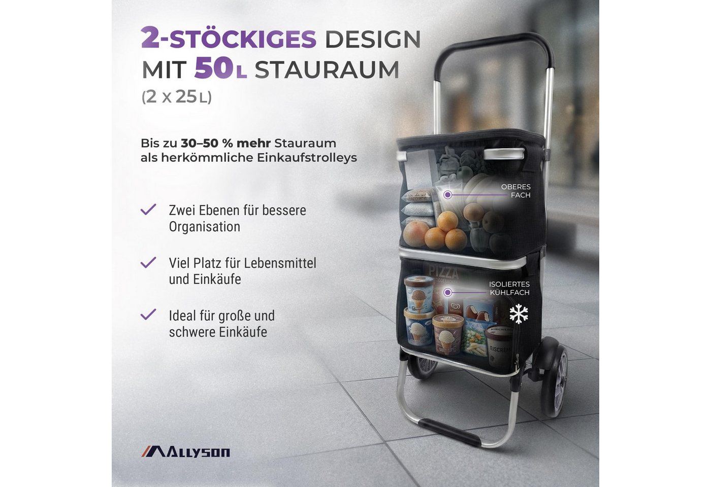 Allyson Einkaufstrolley Einkaufswagen klappbar, Einkauftrolley mit Leisen Rädern & Kühlfach, 900D Oxford & Doppel-Tasche klappbar & Leise Rollen – Bild 3 von 5