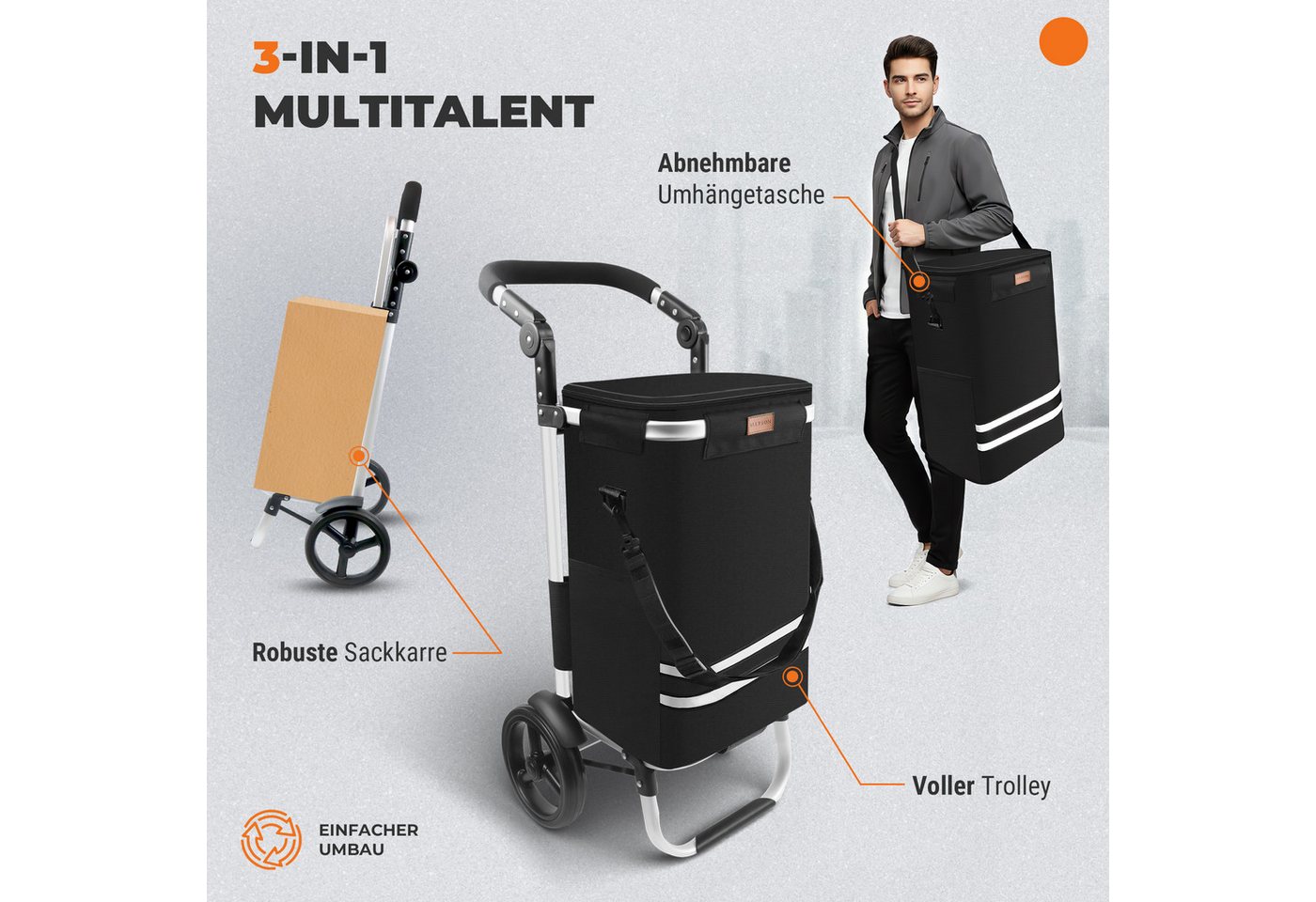 Allyson Einkaufstrolley Einkaufswagen klappbar, Einkauftrolley mit Leisen Rädern & Kühlfach, 2-in-1 Funktion: Tasche abnehmbar, Gestell als Sackkarre nutzbar. – Bild 2 von 5