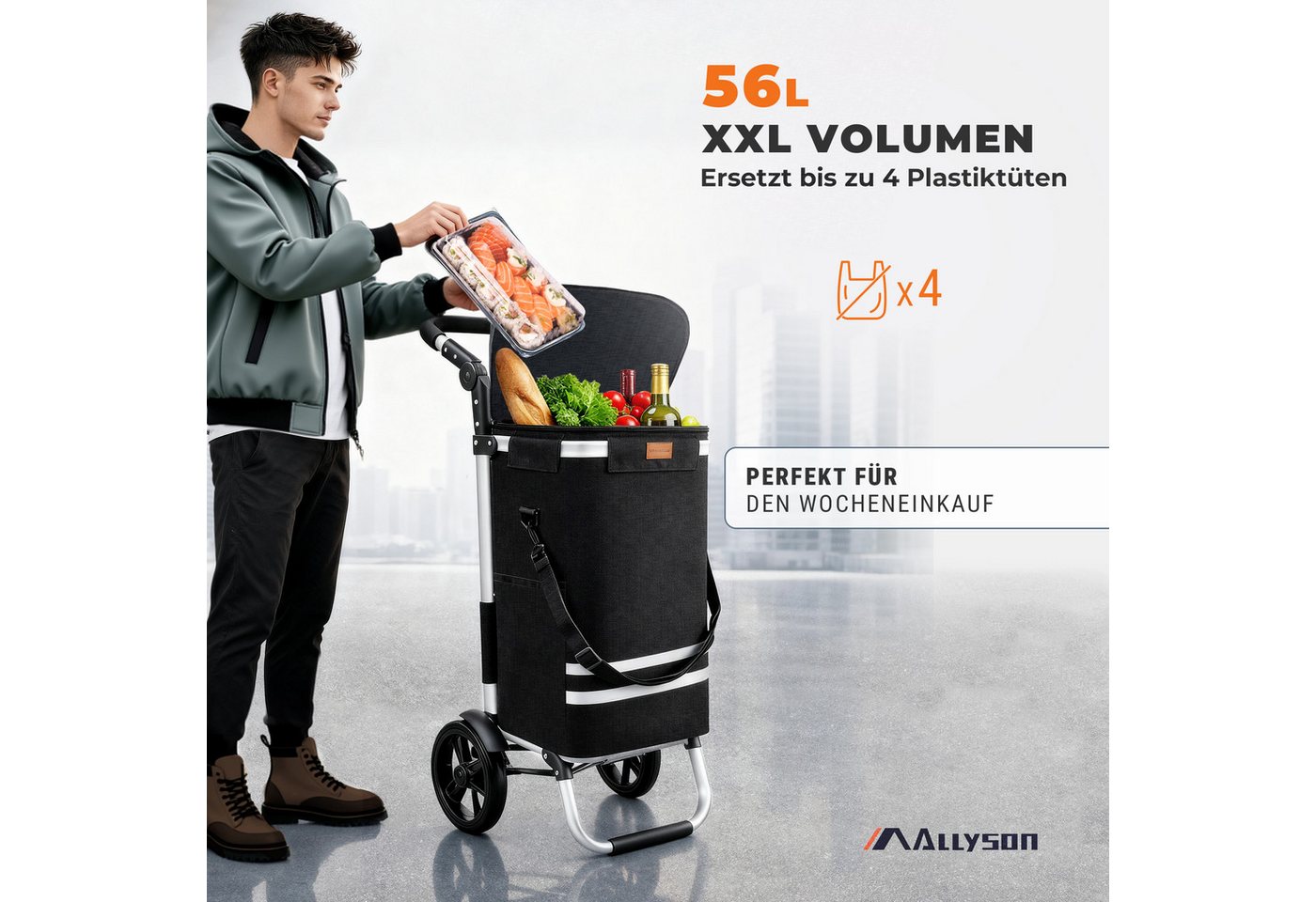 Allyson Einkaufstrolley Einkaufswagen klappbar, Einkauftrolley mit Leisen Rädern & Kühlfach, 2-in-1 Funktion: Tasche abnehmbar, Gestell als Sackkarre nutzbar. – Bild 3 von 5