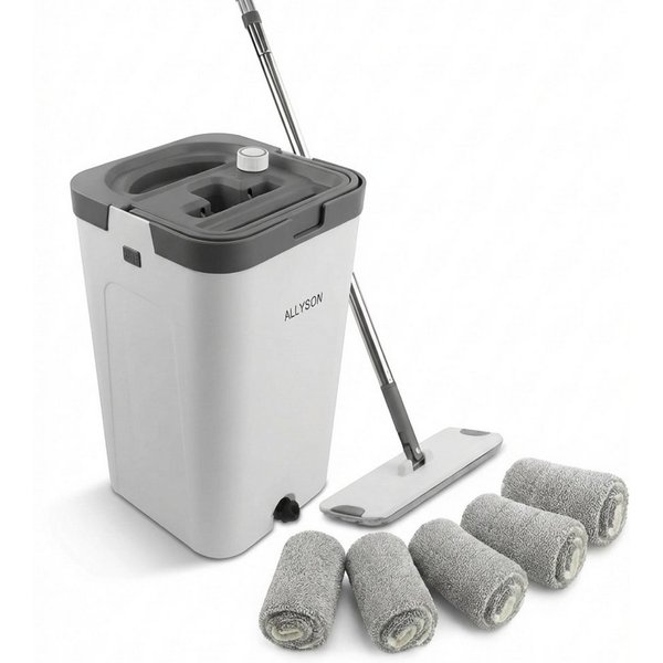 Allyson Putzeimer Bodenwischer Set mit Eimer, trennt Schmutz von Frischwasser, (Komplett-Set für alle Hartböden), 3-Kammer-System, 5 Mops inklusive, 3,5cm flach