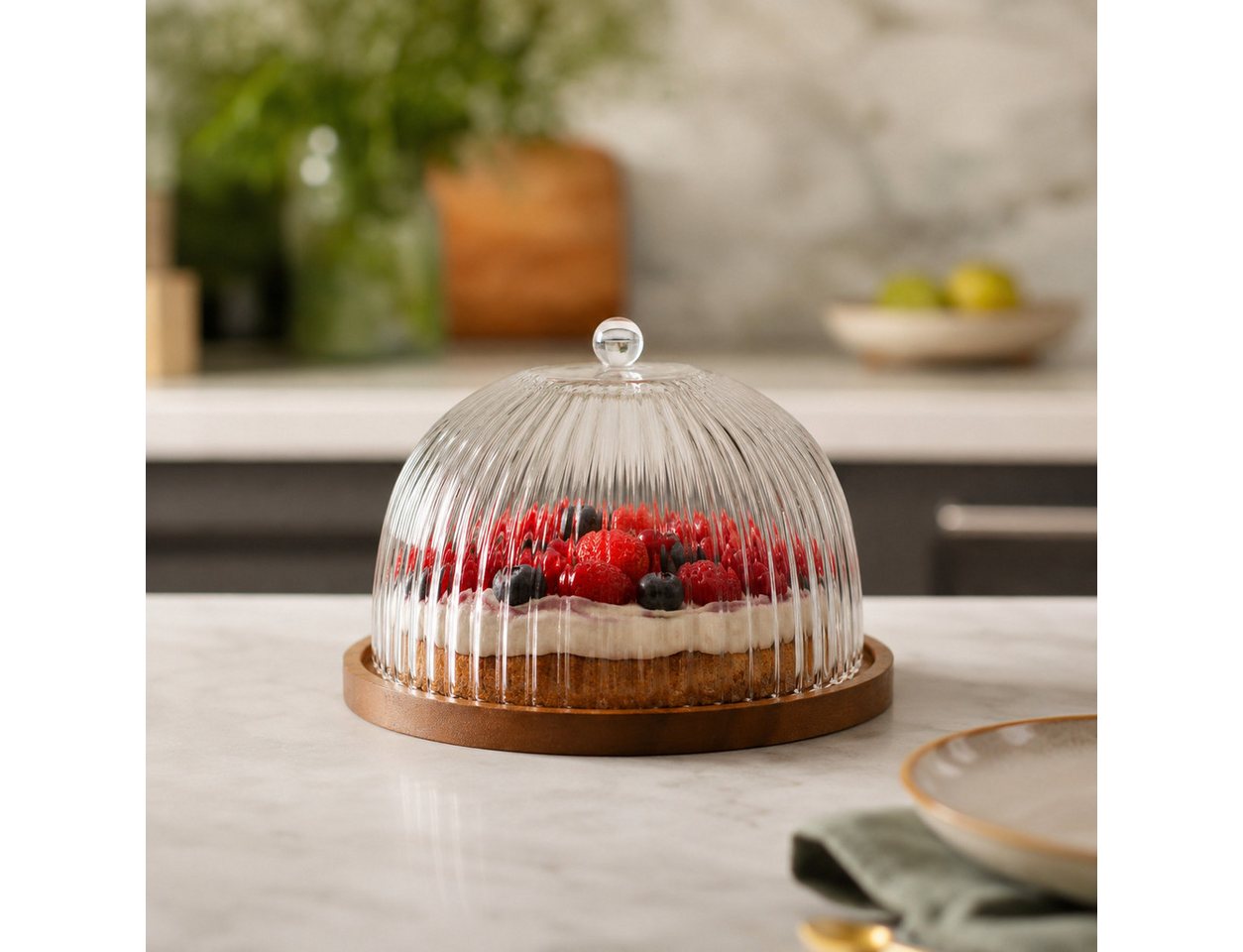 Almina Servierplatte Luana La Torta, Glas, Holz, (Packung, 2-tlg), mit Glasglocke und Holzteller, ø11 x 19 cm – Bild 5 von 5