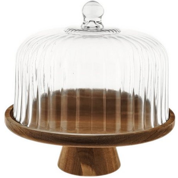 Almina Servierplatte Luana La Torta Medio, Glas, Holz, (1-tlg), mit Glasglocke & Holzfuß, ø26 x 26 cm