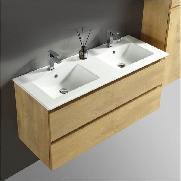 Alpenberger Badezimmer-Set Badezimmer Möbel Badschrank, (Moderner Waschplatz, Keramik Waschbecken mit Überlauf), Doppelwaschtisch 120 cm Breit – Eiche Natur