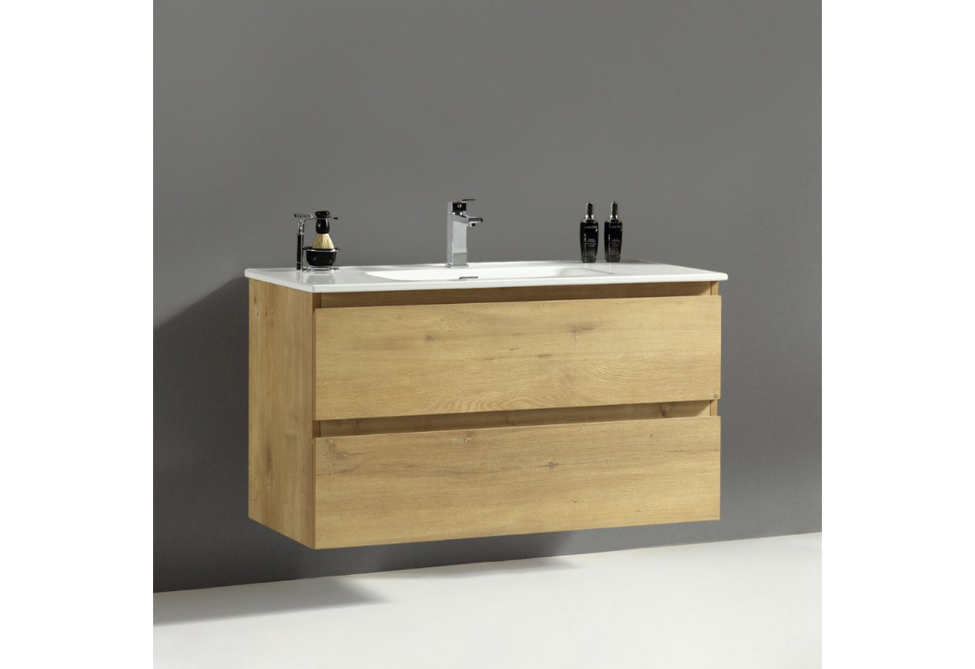 Alpenberger Badezimmer-Set Badezimmer Möbel Badschrank, (Moderner Waschplatz, Keramik Waschbecken mit Überlauf), Doppelwaschtisch 120 cm Breit – Eiche Natur – Bild 2 von 5