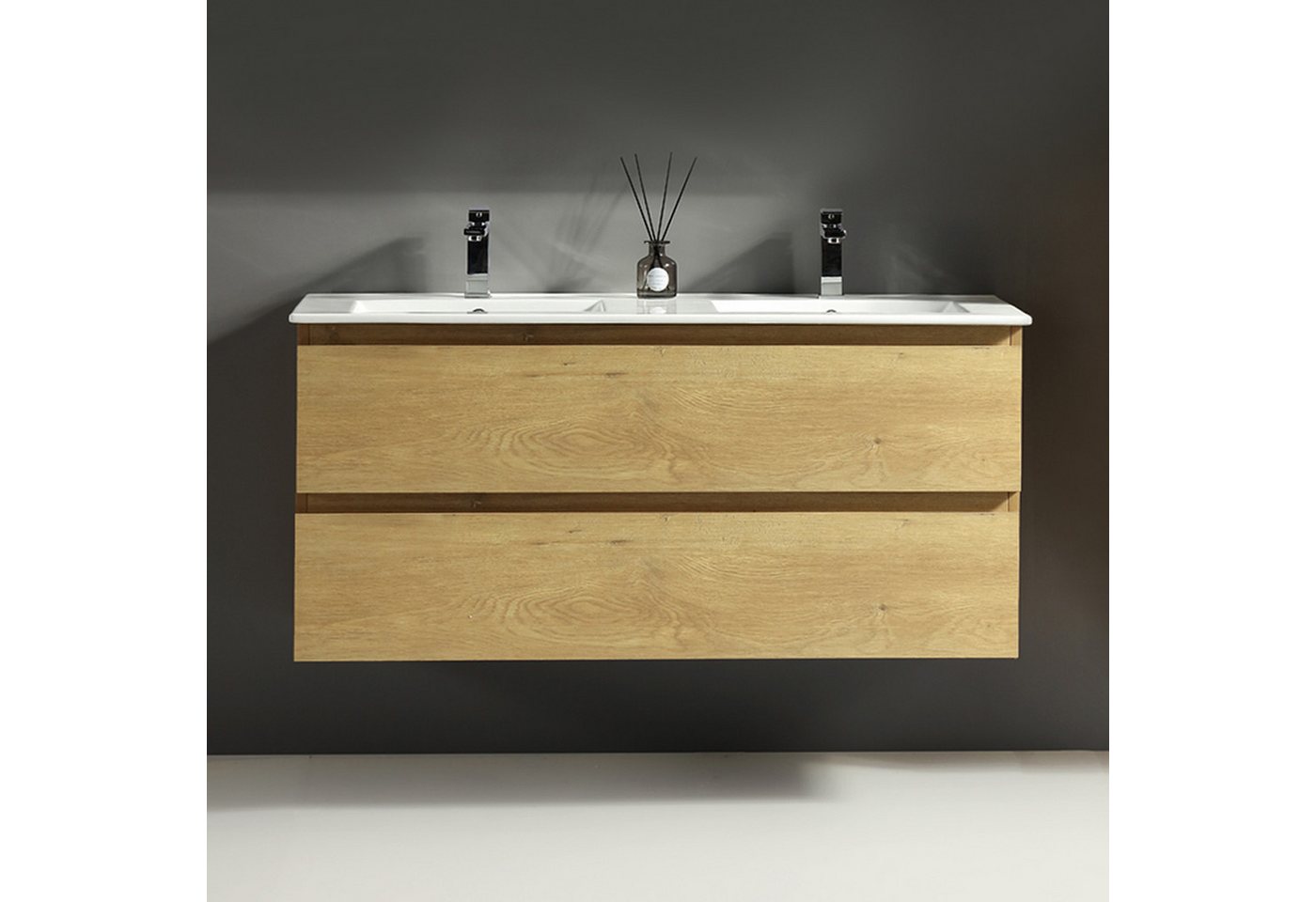 Alpenberger Badezimmer-Set Badezimmer Möbel Badschrank, (Moderner Waschplatz, Keramik Waschbecken mit Überlauf), Doppelwaschtisch 120 cm Breit – Eiche Natur – Bild 3 von 5
