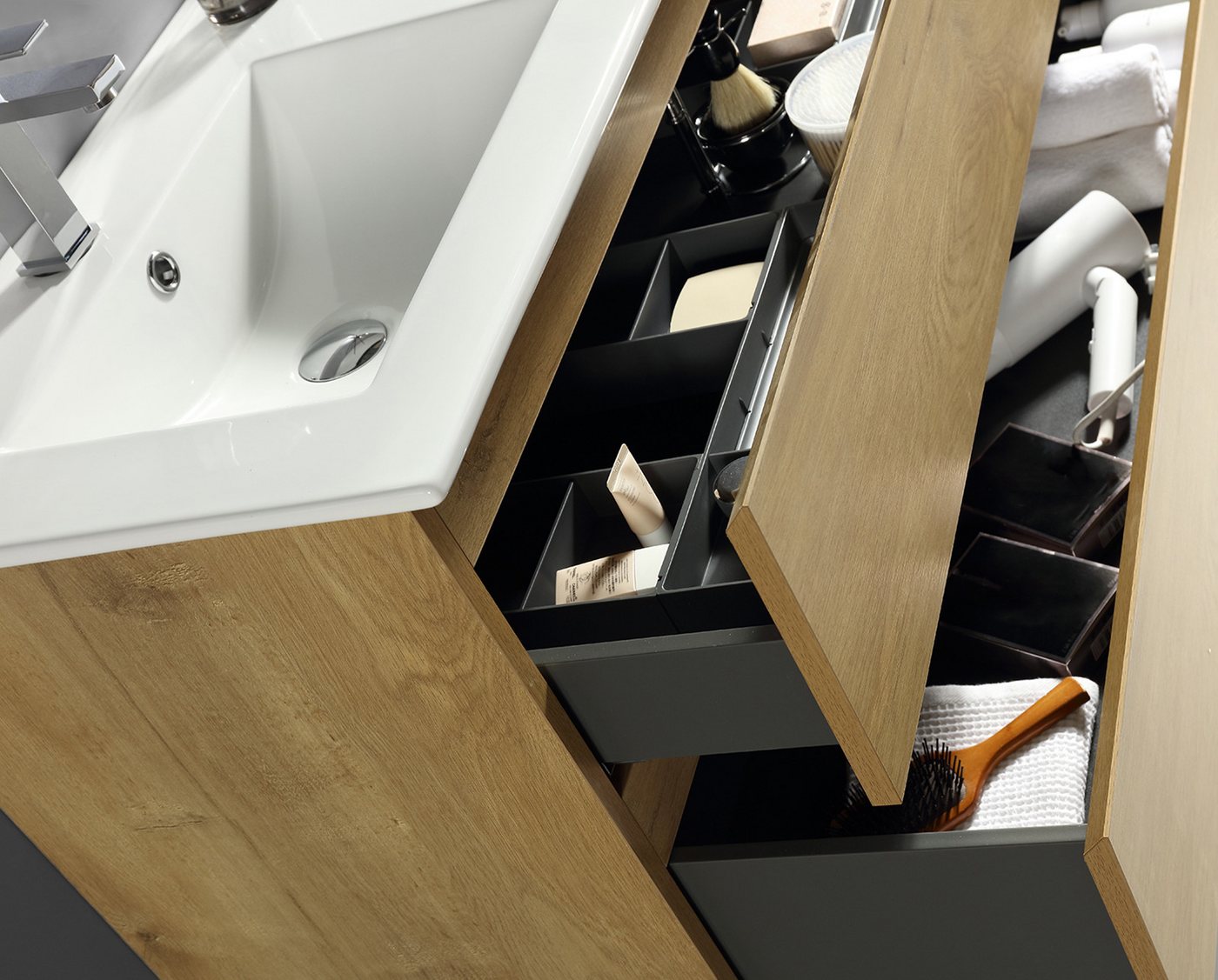 Alpenberger Badezimmer-Set Badezimmer Möbel Badschrank, (Moderner Waschplatz, Keramik Waschbecken mit Überlauf), Doppelwaschtisch 120 cm Breit – Eiche Natur – Bild 4 von 5