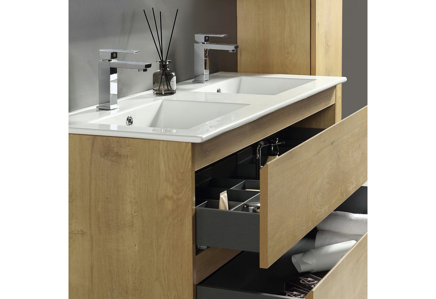 Alpenberger Badezimmer-Set Badezimmer Möbel Badschrank, (Moderner Waschplatz, Keramik Waschbecken mit Überlauf), Doppelwaschtisch 120 cm Breit – Eiche Natur – Bild 5 von 5