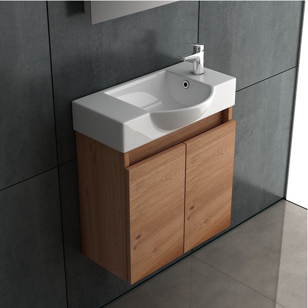 Alpenberger Badezimmer-Set Waschbecken mit Unterschrank hängend klein 55cm breit in Bamboo Optik, (Waschtisch mit Unterschrank schmal, 2-St., Gäste WC Möbel in 