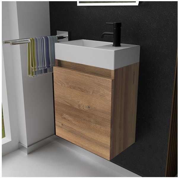 Alpenberger Badmöbel-Set Gäste WC Waschbecken mit Unterschrank - Badschrank Hängend, (Waschbeckenunterschrank mit Softclose, 2-tlg. Waschtisch Set Bamboo), Wasc