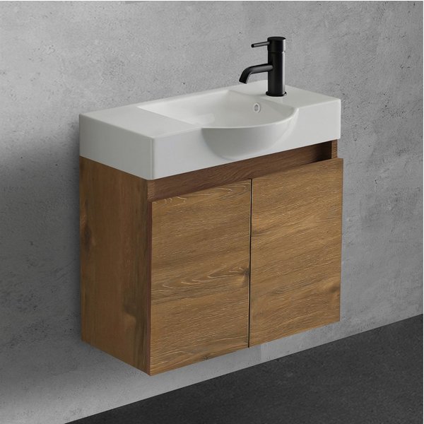 Alpenberger Badmöbel-Set Gäste WC Waschbecken mit Unterschrank klein hängend 55 cm Breit, (Waschtisch mit Unterschrank klein in Eiche, Badmöbel Set, Gäste WC Mö
