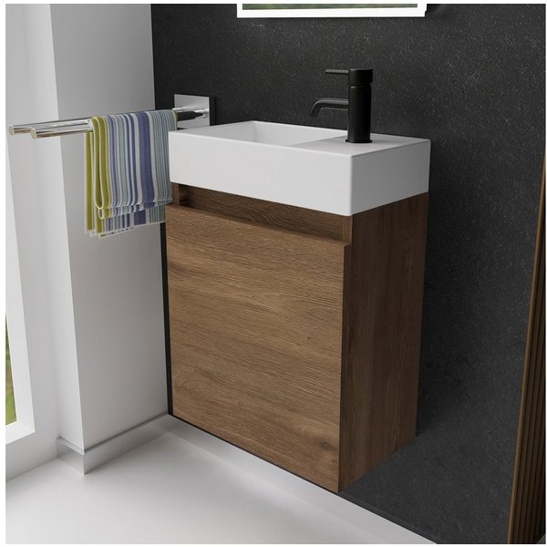 Alpenberger Badmöbel-Set Gäste WC Waschbecken mit Unterschrank - Badschrank Hängend, (2-tlg. Waschtisch Set Eiche, Waschbeckenunterschrank mit Softclose), Wasch
