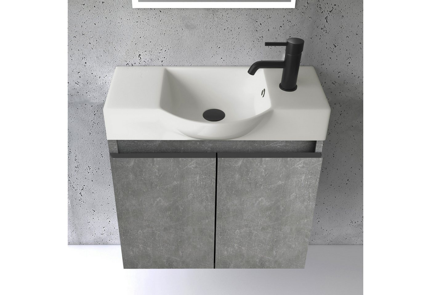 Alpenberger Badmöbel-Set Gäste WC Waschbecken mit Unterschrank klein hängend 55 cm Breit, (Waschtisch mit Unterschrank hängend, Gäste WC Waschtisch Set Grau), W – Bild 2 von 5