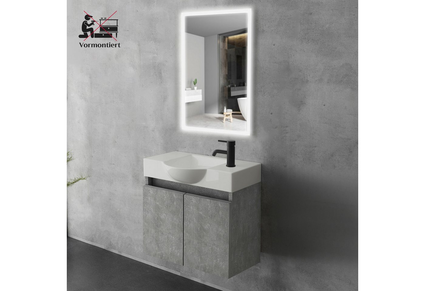 Alpenberger Badmöbel-Set Gäste WC Waschbecken mit Unterschrank klein hängend 55 cm Breit, (Waschtisch mit Unterschrank hängend, Gäste WC Waschtisch Set Grau), W – Bild 3 von 5