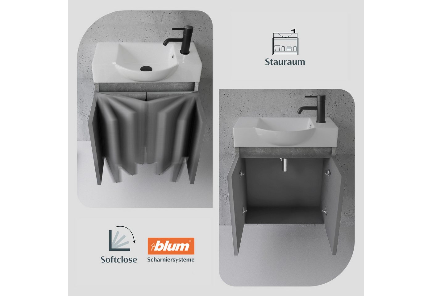 Alpenberger Badmöbel-Set Gäste WC Waschbecken mit Unterschrank klein hängend 55 cm Breit, (Waschtisch mit Unterschrank hängend, Gäste WC Waschtisch Set Grau), W – Bild 4 von 5