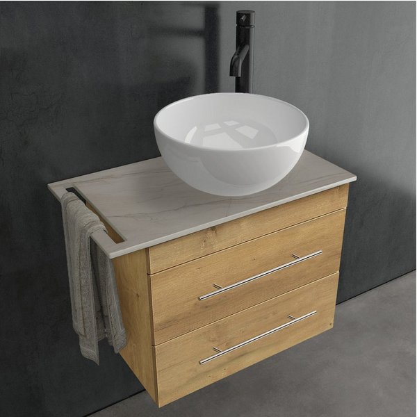Alpenberger Badmöbel-Set Gäste WC Waschbecken mit Unterschrank – hängender Waschtisch 60 cm, (Waschtischunterschrank mit 2 Auszügen, Aufsatzwaschbecken mit Unte