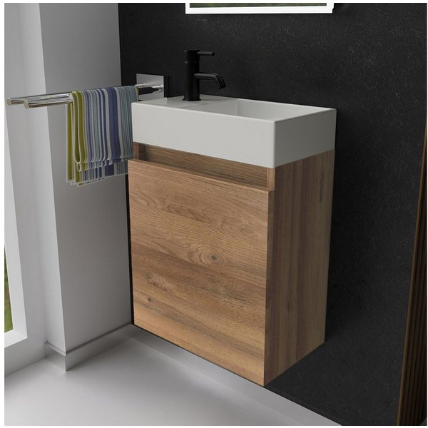 Alpenberger Badmöbel-Set Gäste WC Waschbecken mit Unterschrank - Badschrank Hängend, (Gäste WC Möbel Bamboo Farbe, Waschtisch mit Unterschrank Klein), Waschplät