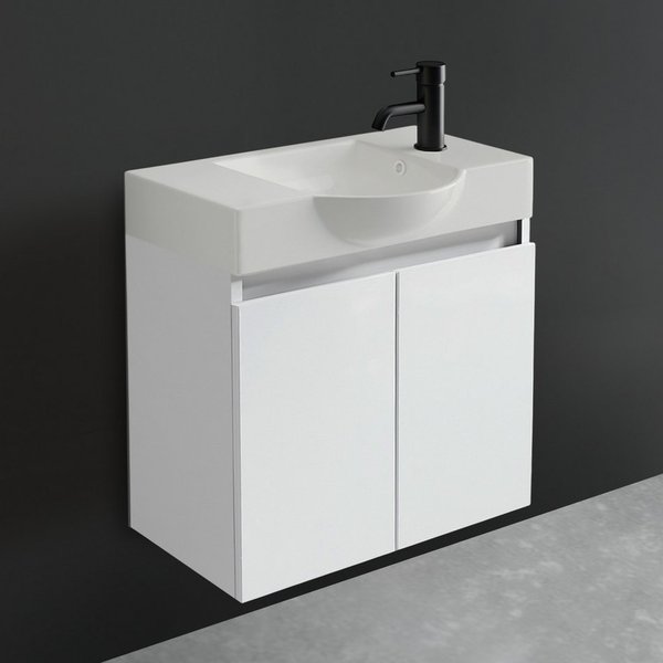 Alpenberger Badmöbel-Set Gäste WC Waschbecken mit Unterschrank klein hängend 55 cm Breit, (Waschtisch mit Unterschrank klein, Gäste WC Möbel Set Weiss), 2-türig