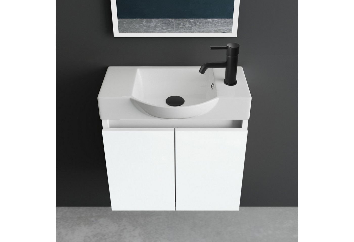 Alpenberger Badmöbel-Set Gäste WC Waschbecken mit Unterschrank klein hängend 55 cm Breit, (Waschtisch mit Unterschrank klein, Gäste WC Möbel Set Weiss), 2-türig – Bild 2 von 5