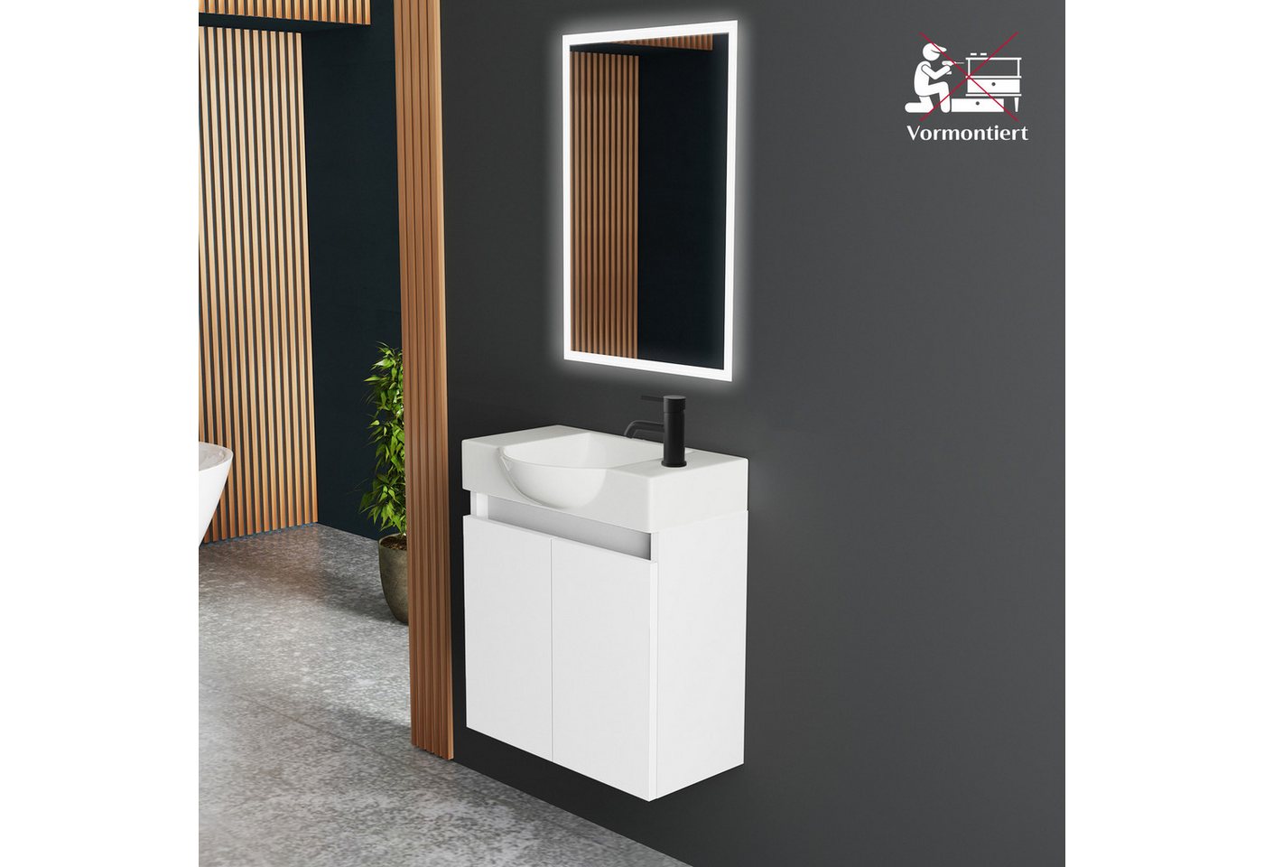Alpenberger Badmöbel-Set Gäste WC Waschbecken mit Unterschrank klein hängend 55 cm Breit, (Waschtisch mit Unterschrank klein, Gäste WC Möbel Set Weiss), 2-türig – Bild 3 von 5
