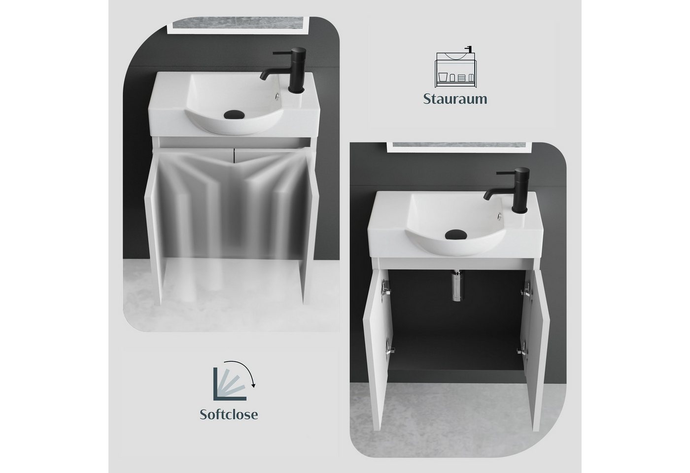 Alpenberger Badmöbel-Set Gäste WC Waschbecken mit Unterschrank klein hängend 55 cm Breit, (Waschtisch mit Unterschrank klein, Gäste WC Möbel Set Weiss), 2-türig – Bild 4 von 5