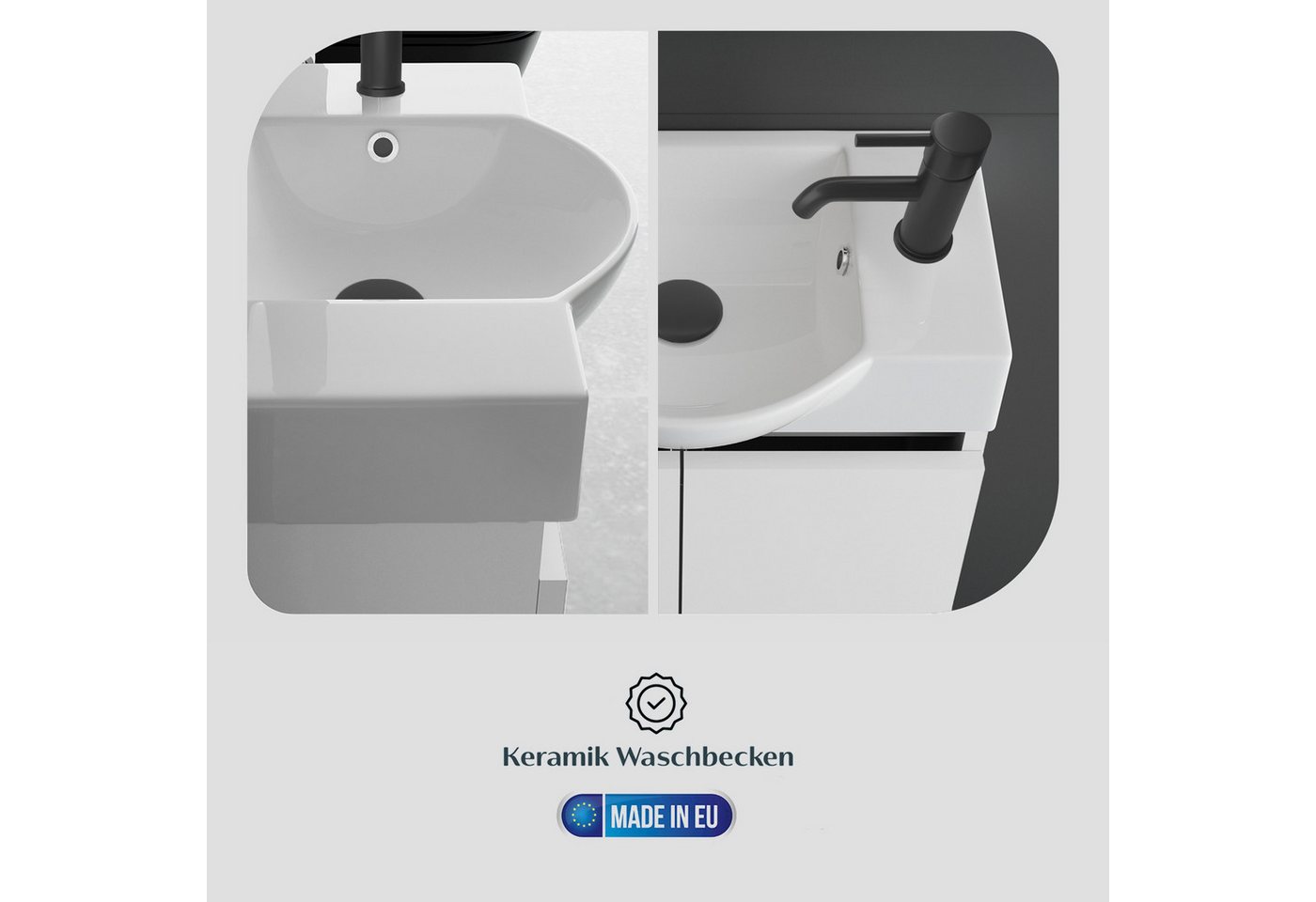 Alpenberger Badmöbel-Set Gäste WC Waschbecken mit Unterschrank klein hängend 55 cm Breit, (Waschtisch mit Unterschrank klein, Gäste WC Möbel Set Weiss), 2-türig – Bild 5 von 5