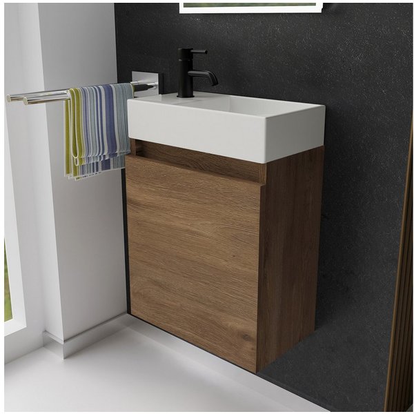 Alpenberger Badmöbel-Set Gäste WC Waschbecken mit Unterschrank - Badschrank Hängend, (2-tlg. Waschtisch Set Eiche, Waschbeckenunterschrank mit Softclose), Wasch