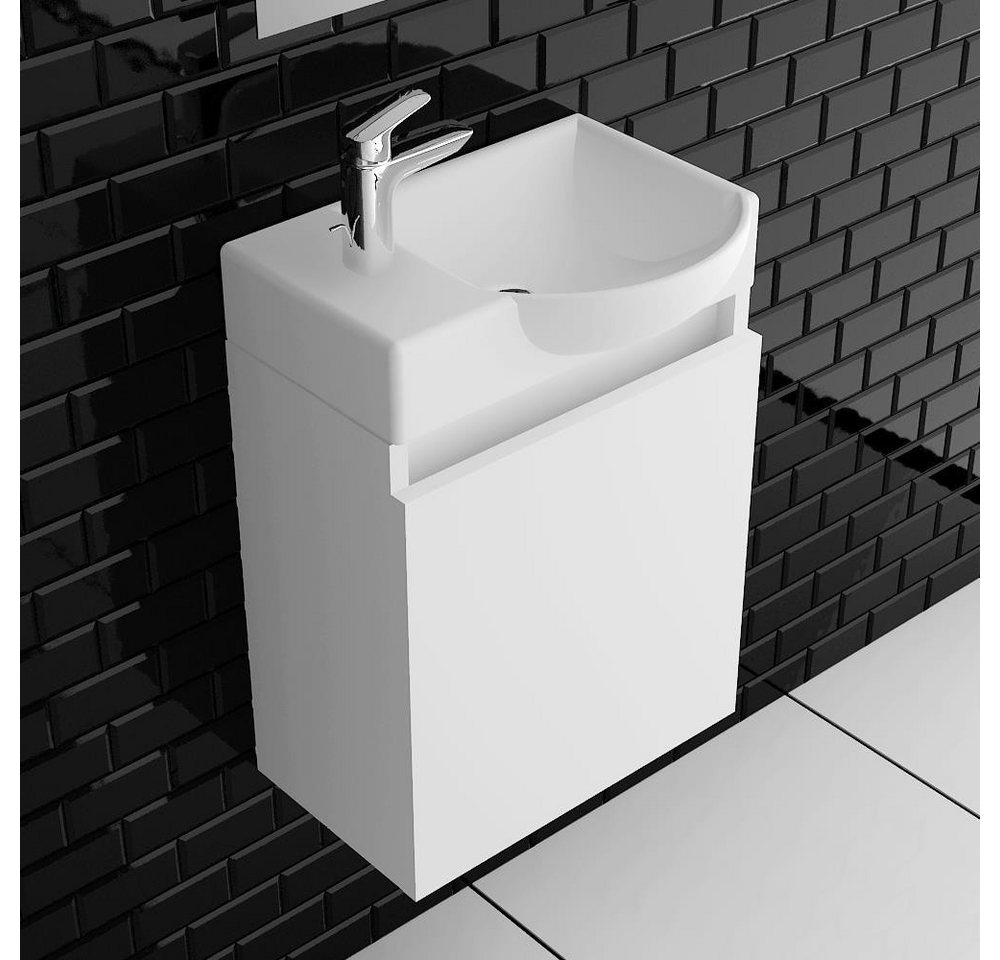 Alpenberger Badmöbel-Set Kleines Waschbecken mit Unterschrank Gäste WC 45 cm Weiß, (Soft-Close Tür, grifflos, 2-St., Keramik Becken mit Überlauf), Waschtisch Gä – Bild 2 von 5