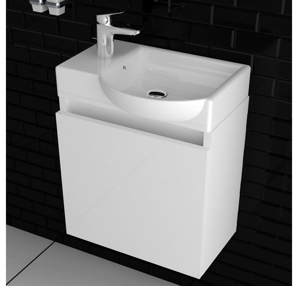 Alpenberger Badmöbel-Set Kleines Waschbecken mit Unterschrank Gäste WC 45 cm Weiß, (Soft-Close Tür, grifflos, 2-St., Keramik Becken mit Überlauf), Waschtisch Gä – Bild 3 von 5