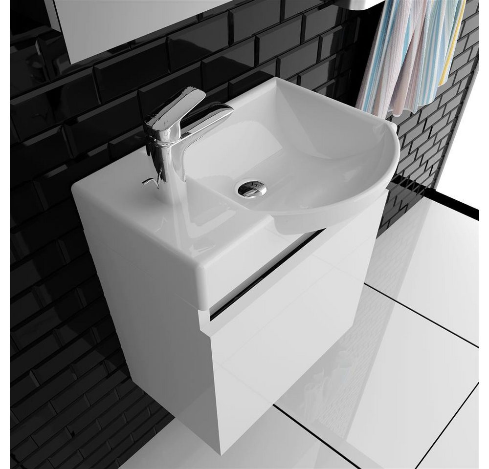 Alpenberger Badmöbel-Set Kleines Waschbecken mit Unterschrank Gäste WC 45 cm Weiß, (Soft-Close Tür, grifflos, 2-St., Keramik Becken mit Überlauf), Waschtisch Gä – Bild 4 von 5