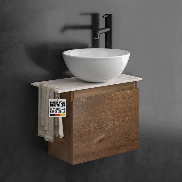 Alpenberger Badmöbel-Set mit Aufsatzwaschbecken Waschtisch mit Unterschrank & Keramikplatte, (Waschtischunterschrank mit Softclose, Waschbeckenunterschrank häng
