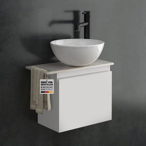Alpenberger Badmöbel-Set mit Aufsatzwaschbecken Waschtisch mit Unterschrank & Keramikplatte, (Waschbecken Rund mit Nano Beschichtung, Waschbeckenunterschrank kl