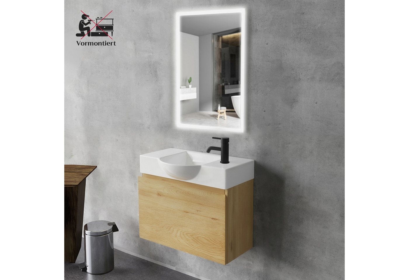 Alpenberger Waschtisch Gäste WC Waschbecken mit Unterschrank Klein, Waschplatz 55 cm hängend (Gäste WC Möbel Vormontiert, Waschtisch mit Unterschrank mit Softcl – Bild 3 von 5