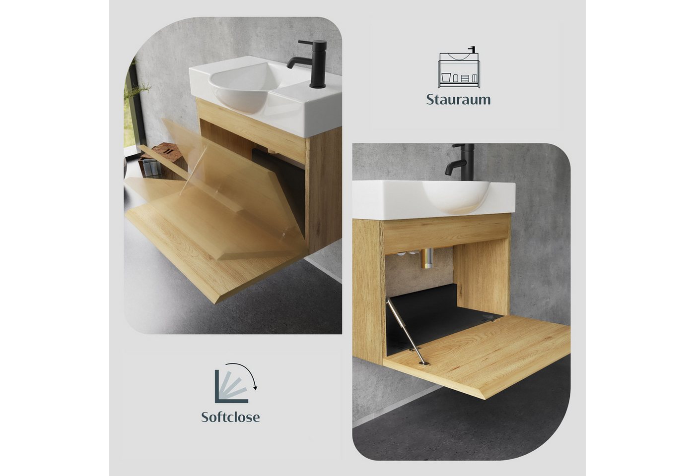 Alpenberger Waschtisch Gäste WC Waschbecken mit Unterschrank Klein, Waschplatz 55 cm hängend (Gäste WC Möbel Vormontiert, Waschtisch mit Unterschrank mit Softcl – Bild 4 von 5